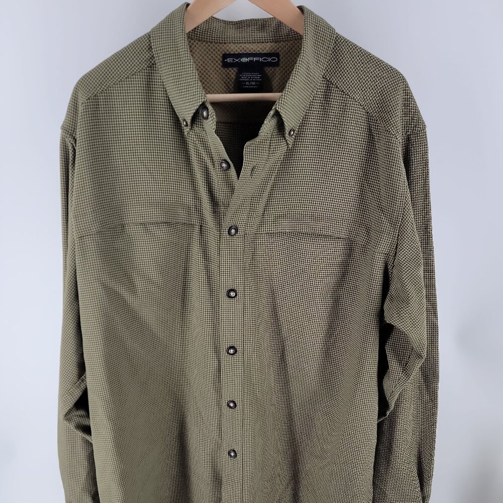ExOfficio XL Travel Shirt Olive Check Hidden Zip Pockets Button Down - Picture 2 of 8
